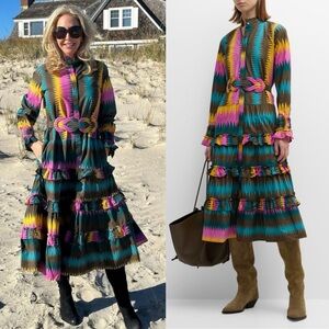 NWT FIGUE Camelia Zigzag-Print Tiered Ruffle Belted Midi Dress